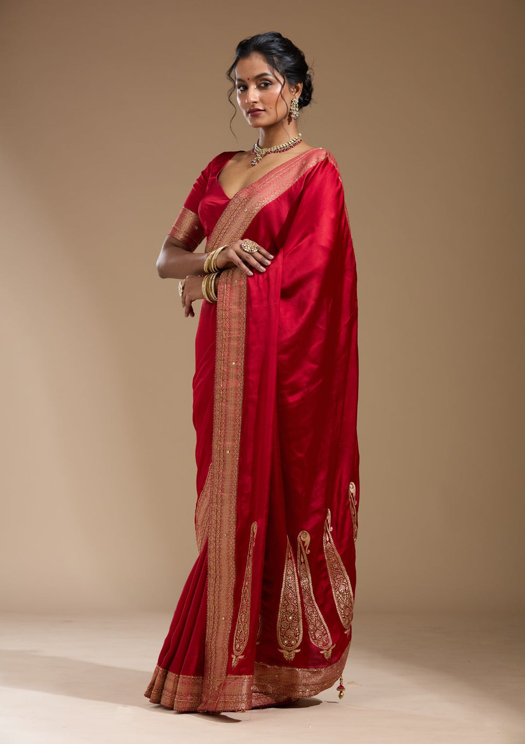 Red Cutdana Silk Saree