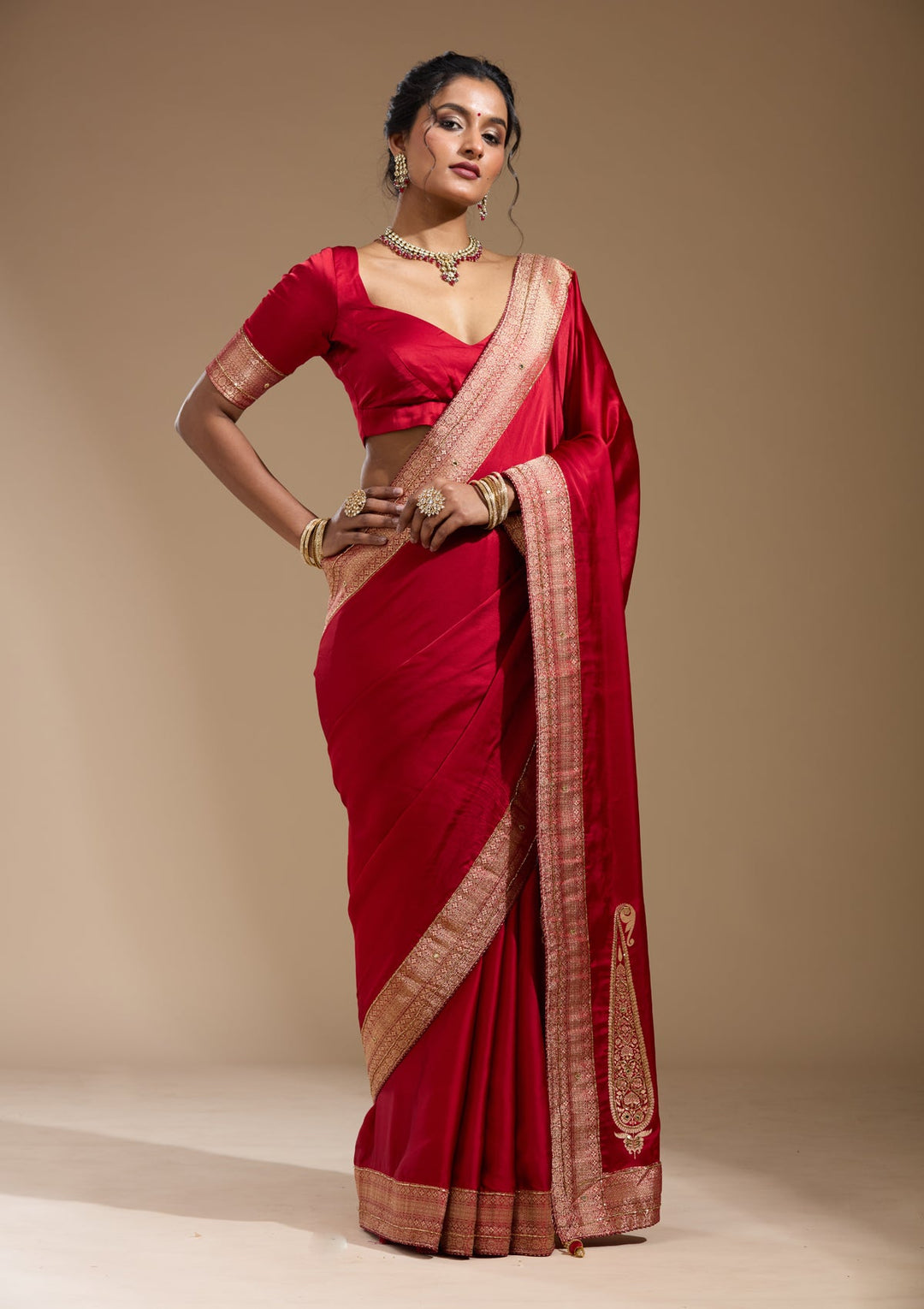 Red Cutdana Silk Saree