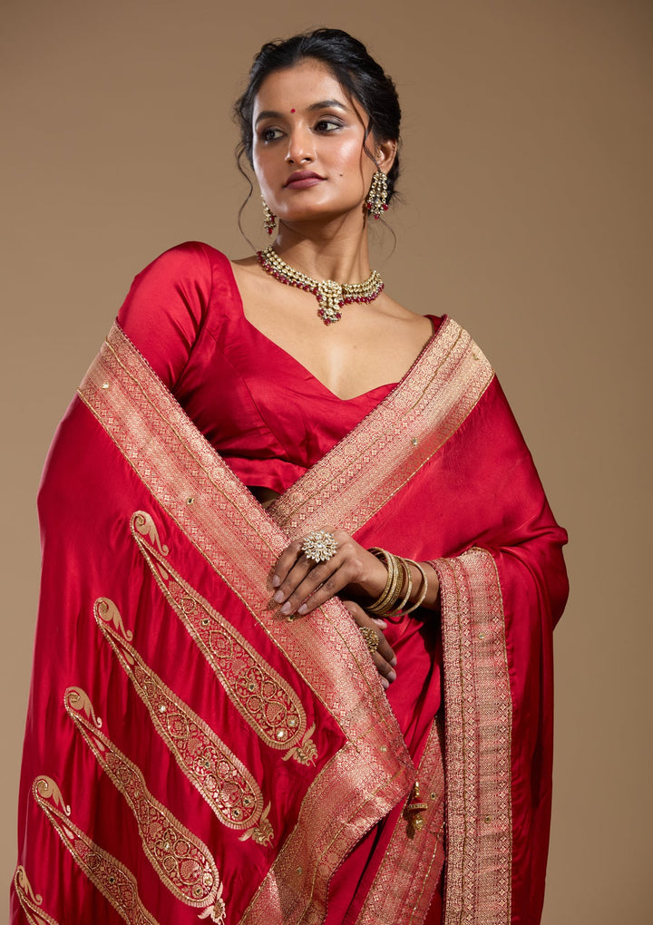 Red Cutdana Silk Saree