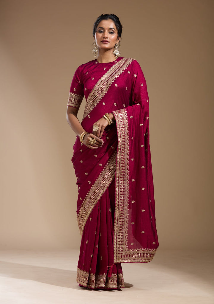 Magenta Pink Cording Soft Raw Silk Saree