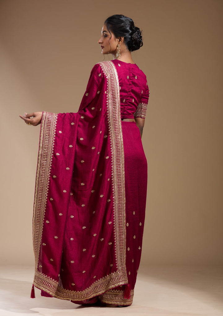 Magenta Pink Cording Soft Raw Silk Saree