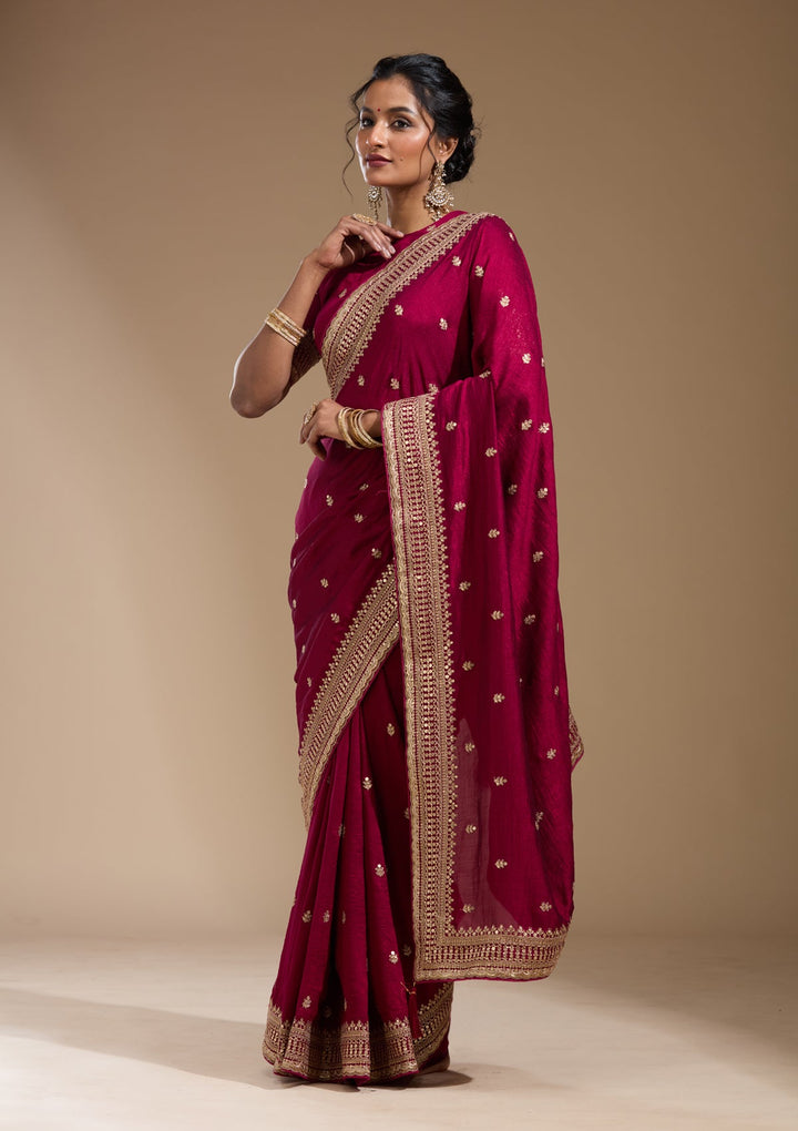 Magenta Pink Cording Soft Raw Silk Saree