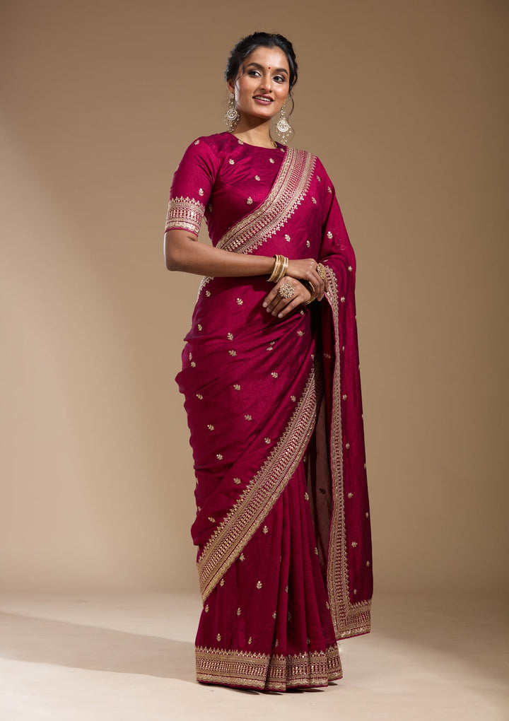 Magenta Pink Cording Soft Raw Silk Saree