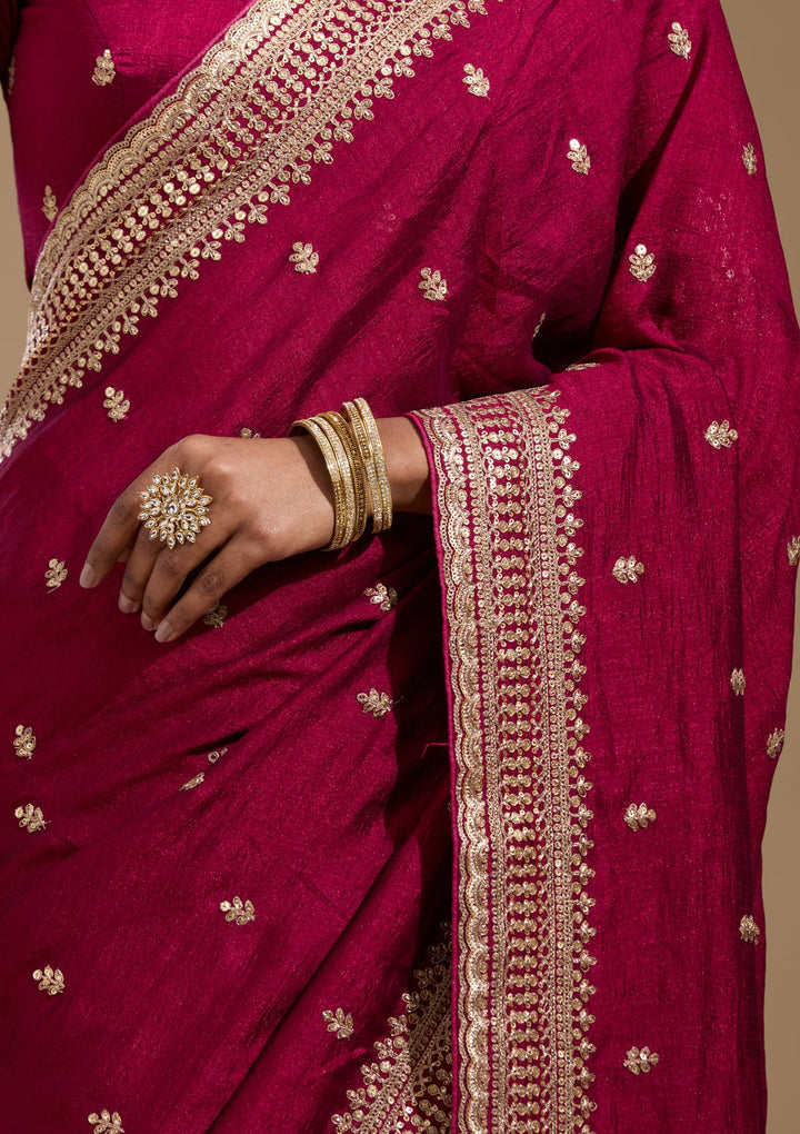 Magenta Pink Cording Soft Raw Silk Saree