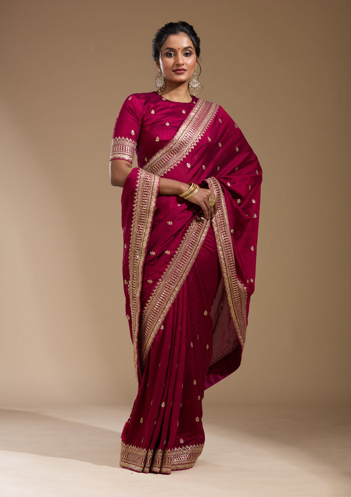 Magenta Pink Cording Soft Raw Silk Saree