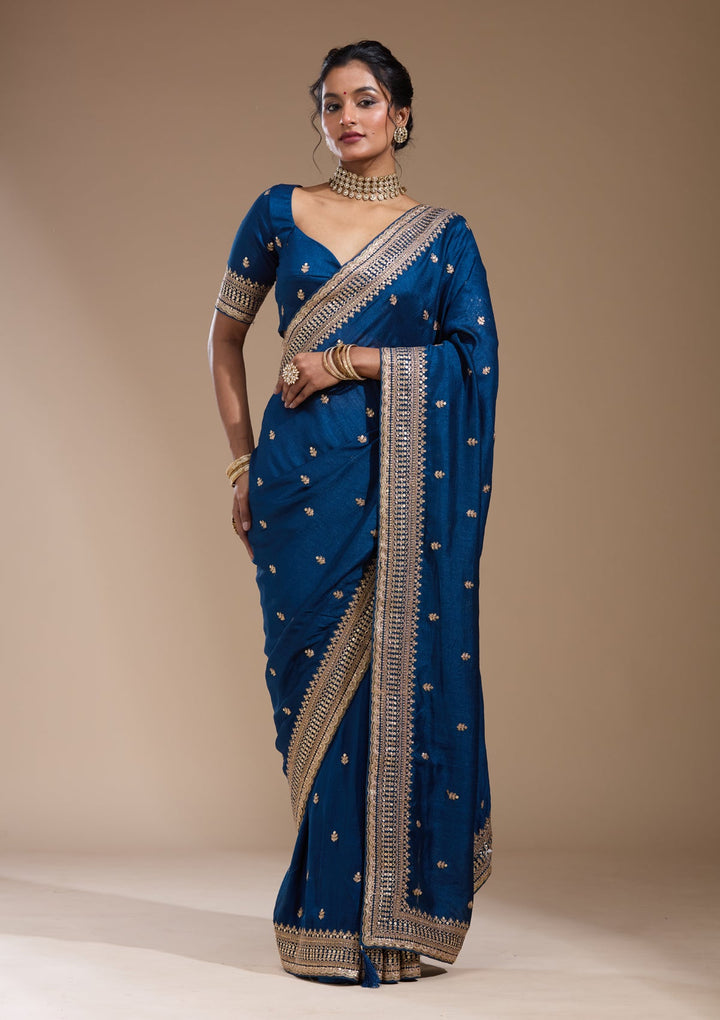 Peacock Blue Cording Soft Raw Silk Saree