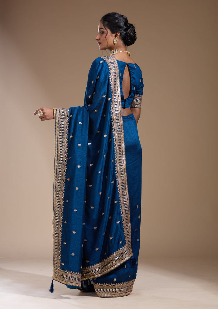 Peacock Blue Cording Soft Raw Silk Saree
