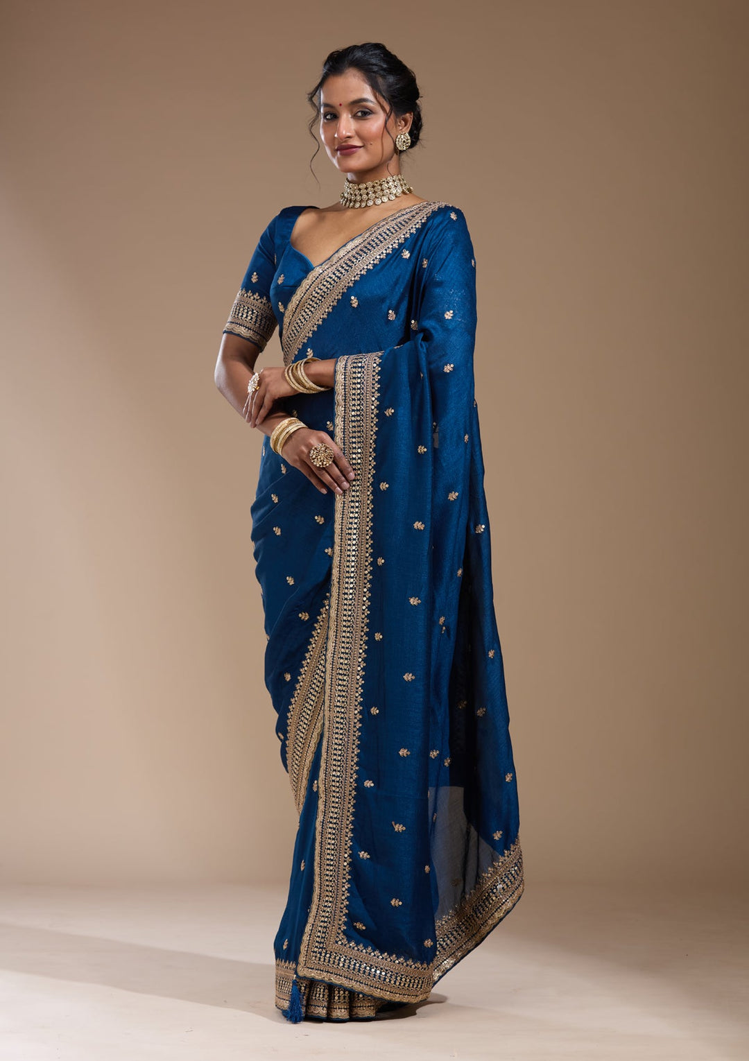 Peacock Blue Cording Soft Raw Silk Saree