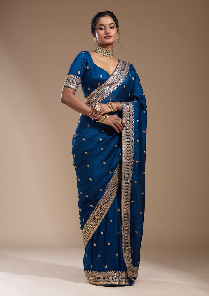 Peacock Blue Cording Soft Raw Silk Saree