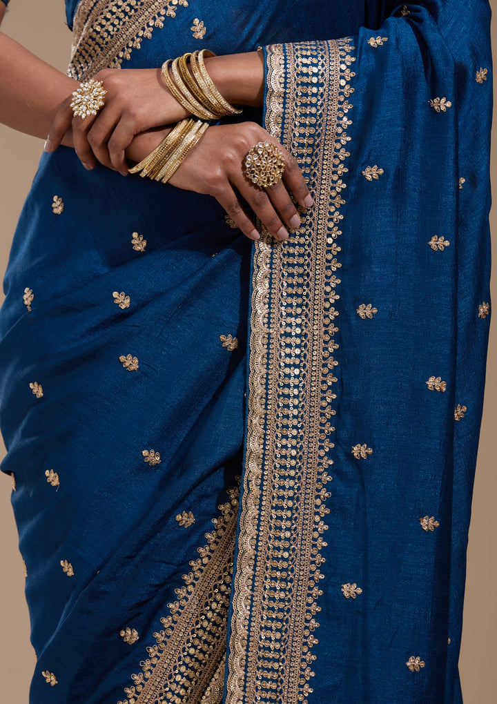Peacock Blue Cording Soft Raw Silk Saree