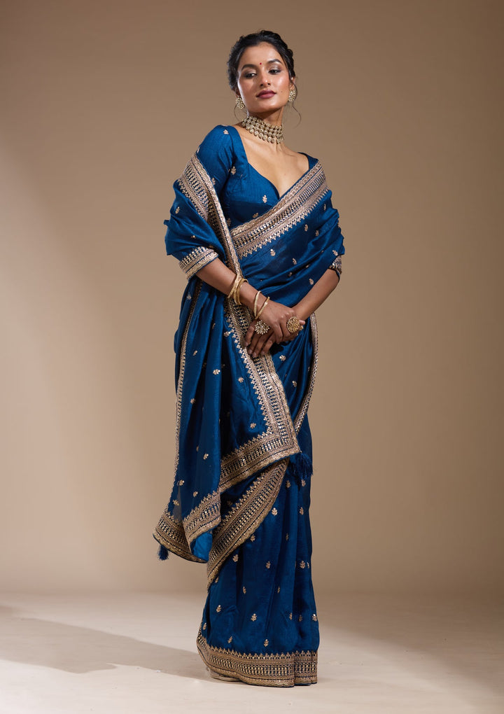 Peacock Blue Cording Soft Raw Silk Saree
