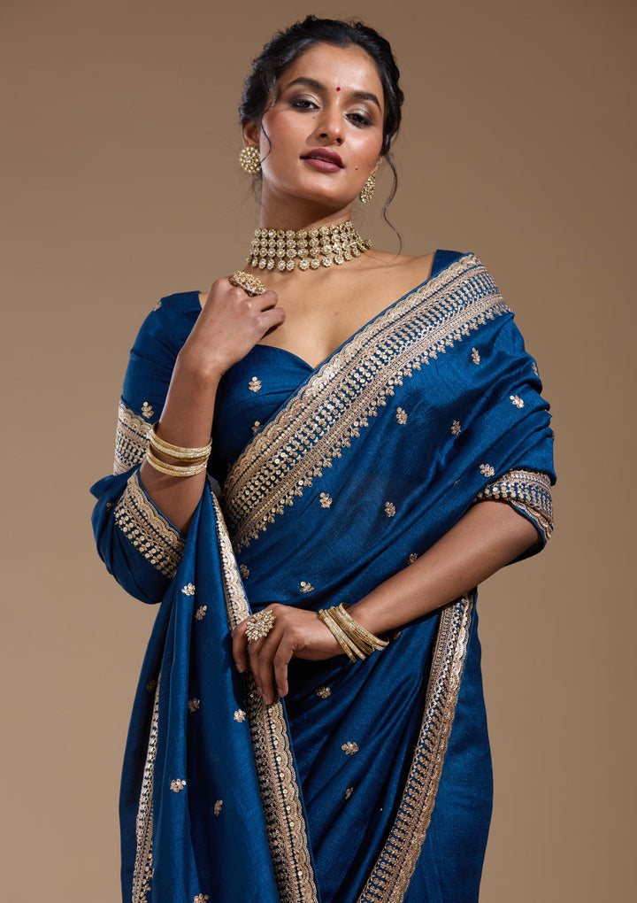 Peacock Blue Cording Soft Raw Silk Saree