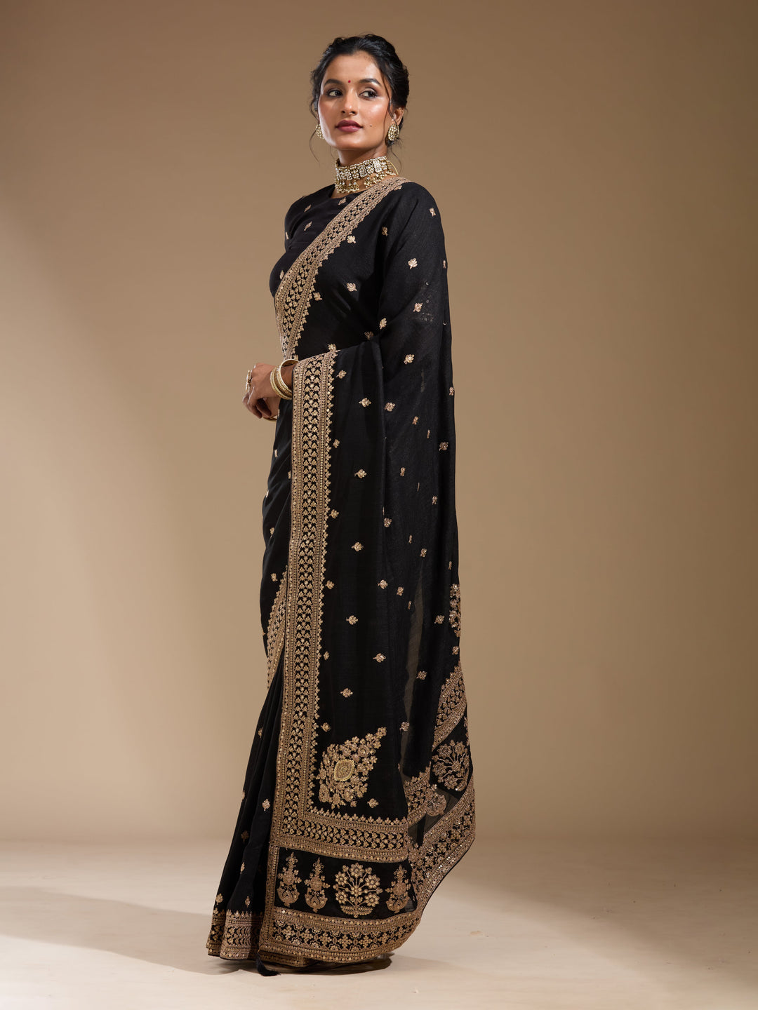 Black Cording Soft Raw Silk Saree