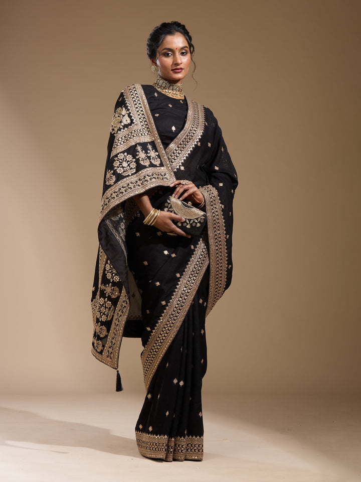 Black Cording Soft Raw Silk Saree