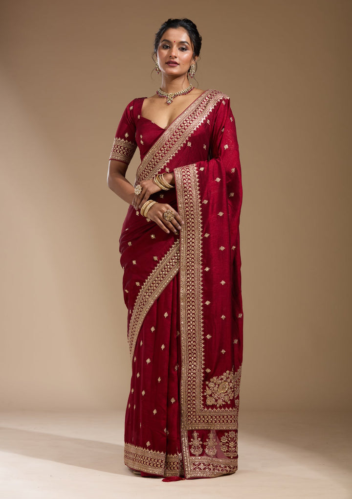 Maroon Cording Soft Raw Silk Saree