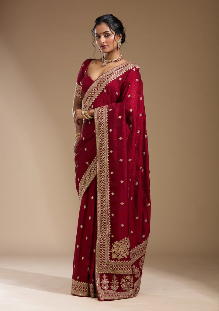 Maroon Cording Soft Raw Silk Saree