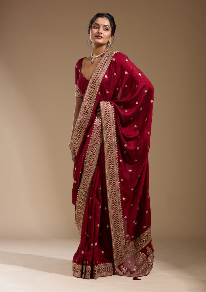 Maroon Cording Soft Raw Silk Saree