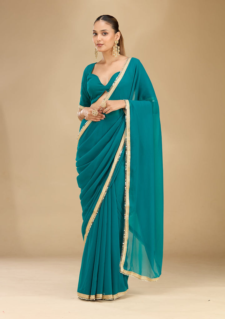 Rama Green Mirrorwork Georgette Saree