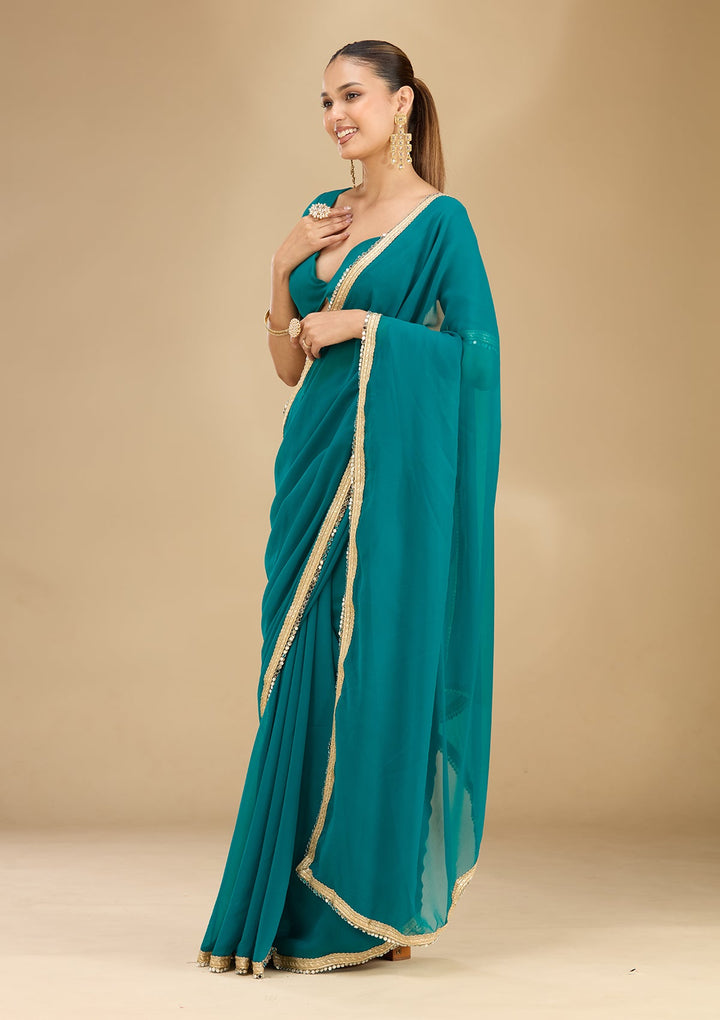 Rama Green Mirrorwork Georgette Saree