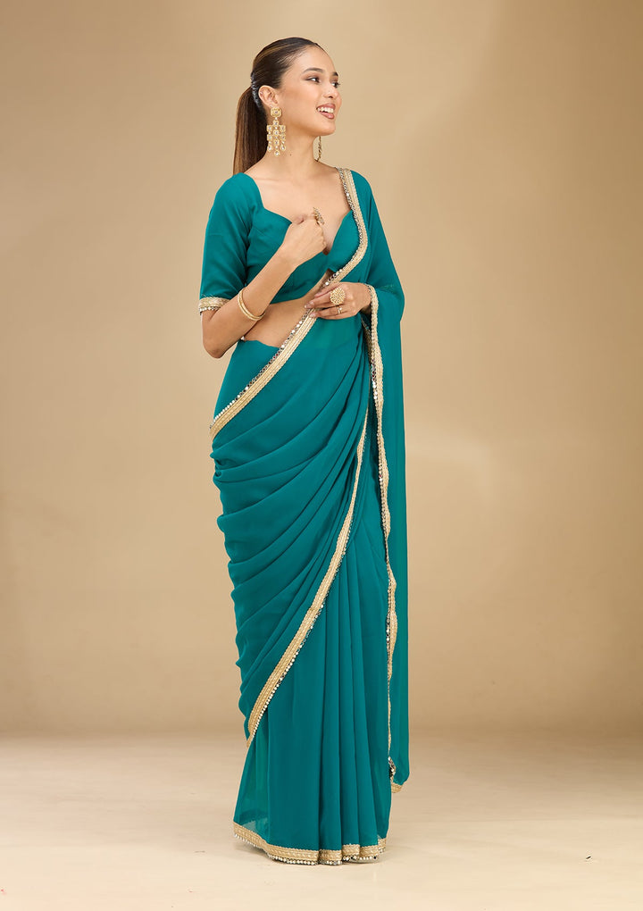 Rama Green Mirrorwork Georgette Saree