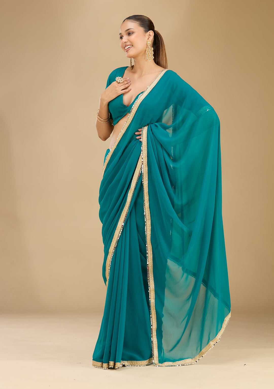 Rama Green Mirrorwork Georgette Saree