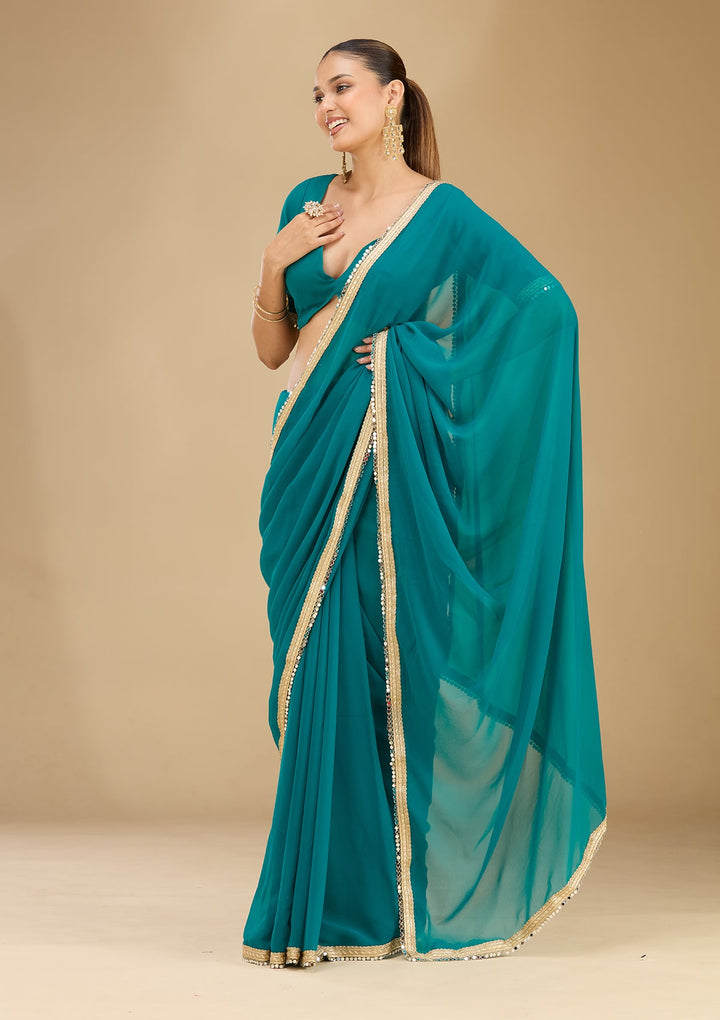 Rama Green Mirrorwork Georgette Saree