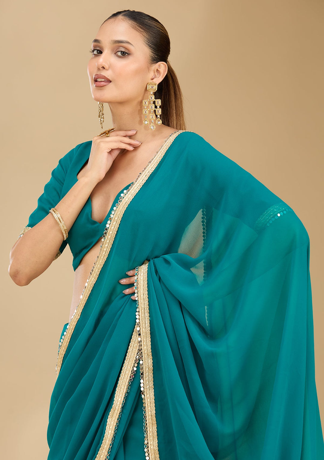 Rama Green Mirrorwork Georgette Saree