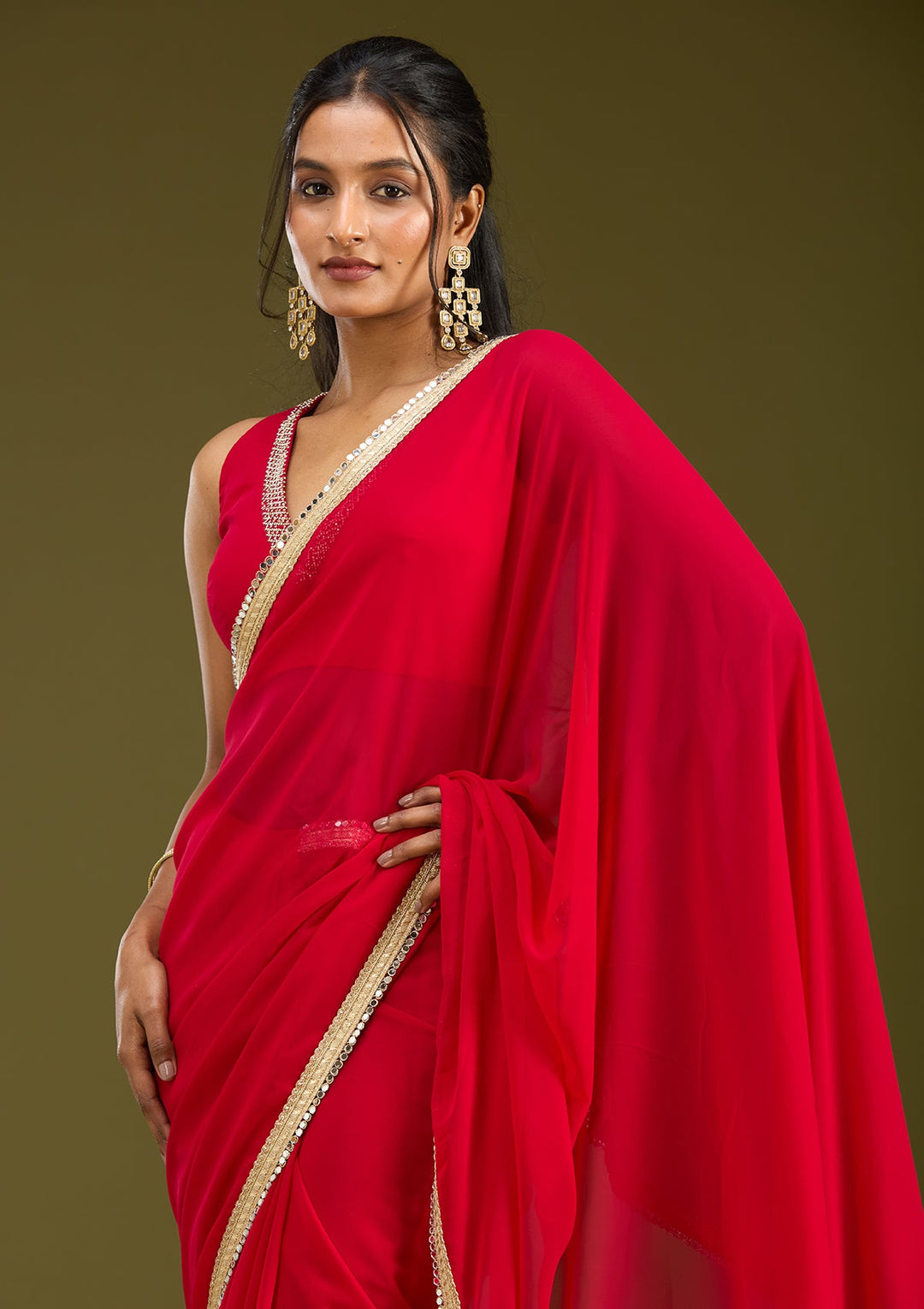 Rani Pink Cutwork Tissue Saree