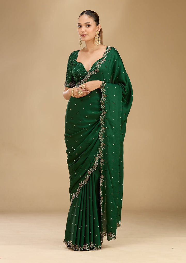 Bottle Green Stonework (Gold) Satin Saree