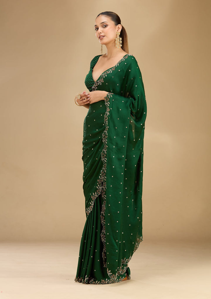 Bottle Green Stonework (Gold) Satin Saree