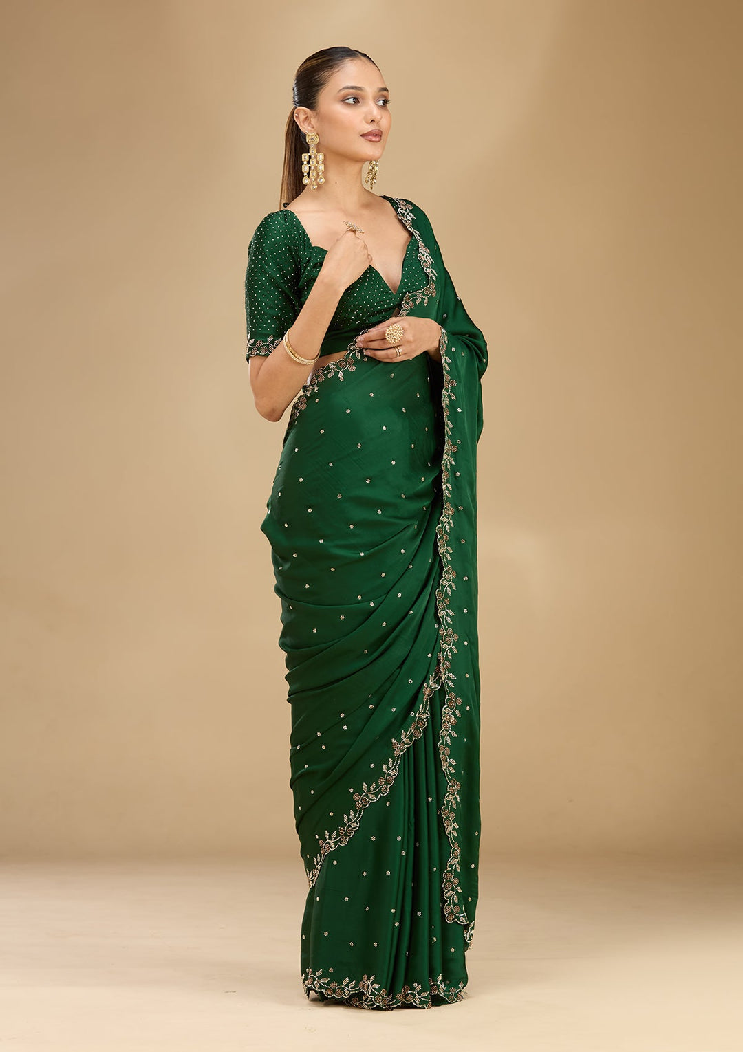 Bottle Green Stonework (Gold) Satin Saree