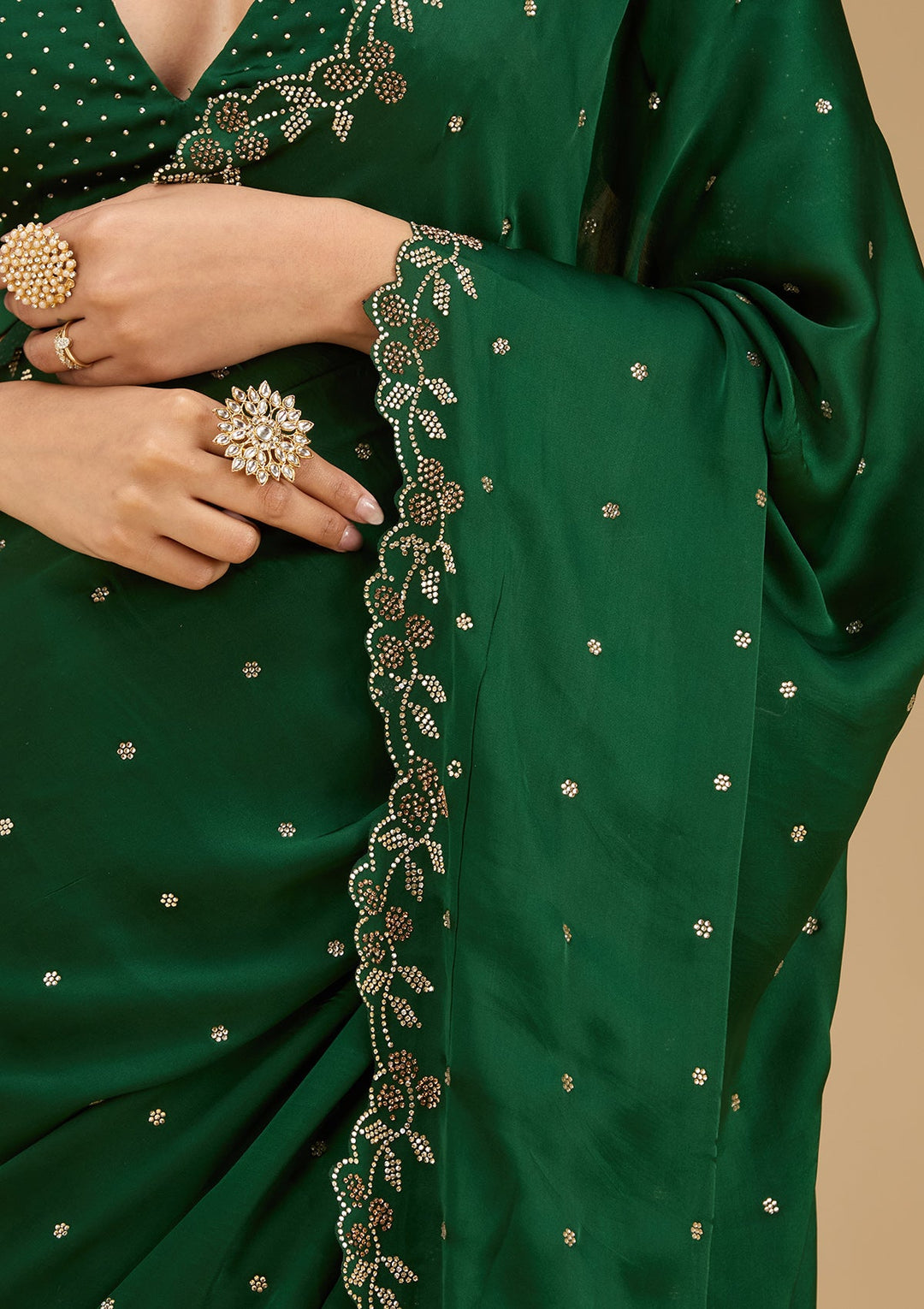 Bottle Green Stonework (Gold) Satin Saree