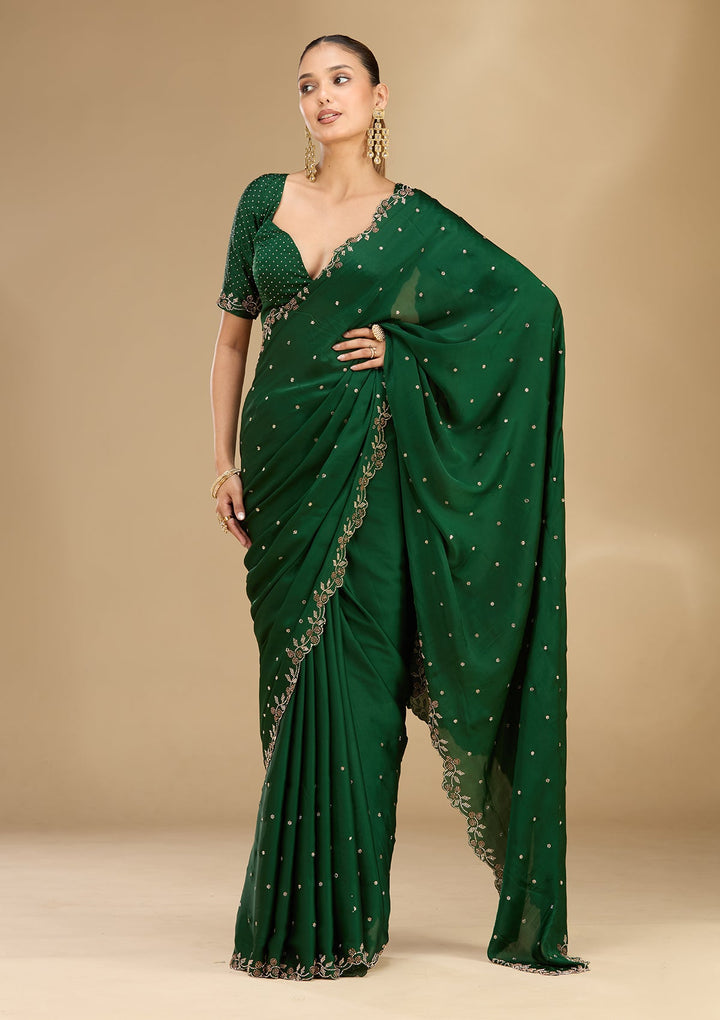Bottle Green Stonework (Gold) Satin Saree