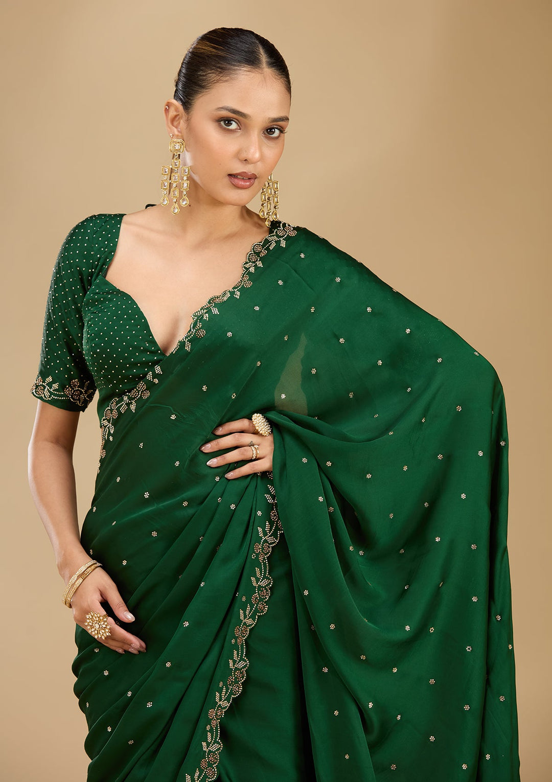 Bottle Green Stonework (Gold) Satin Saree