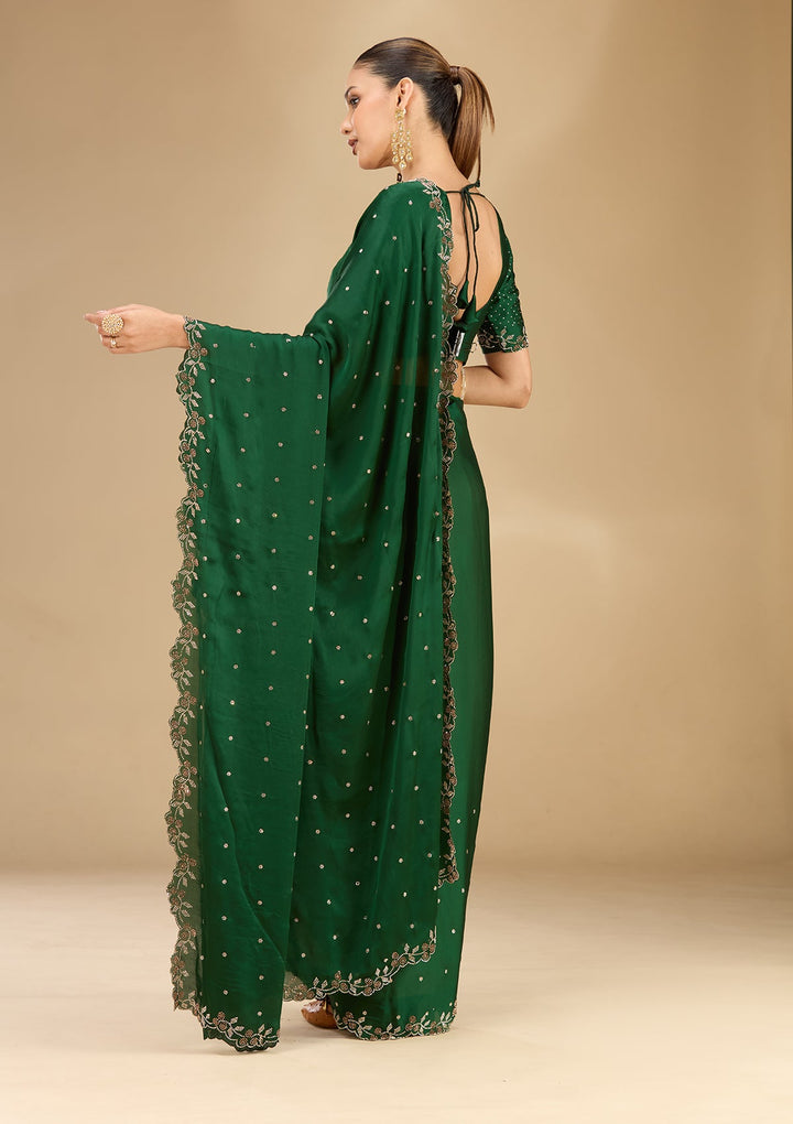 Bottle Green Stonework (Gold) Satin Saree