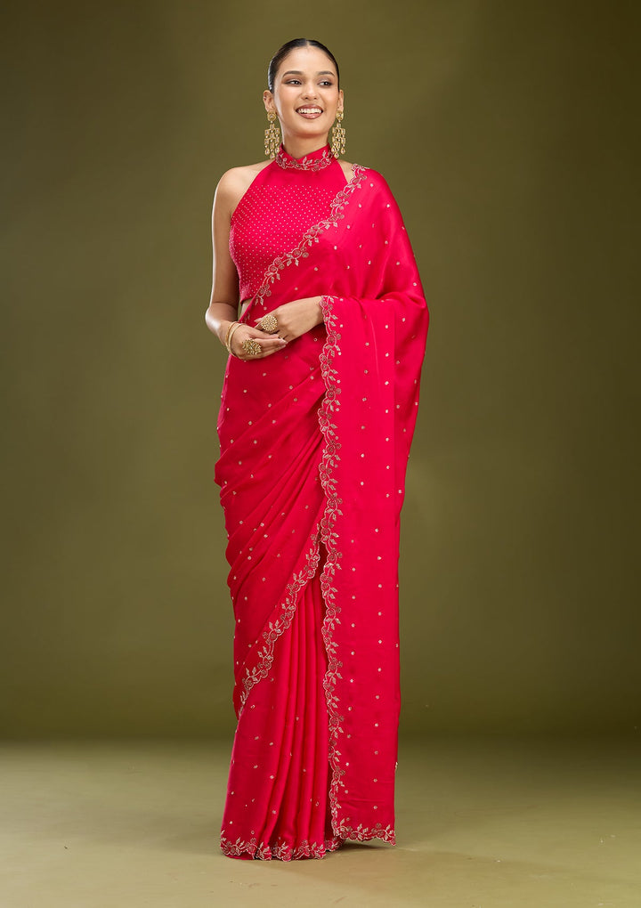 Rani Pink Stonework (Gold) Satin Saree