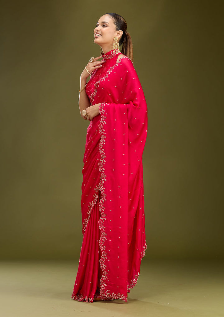 Rani Pink Stonework (Gold) Satin Saree