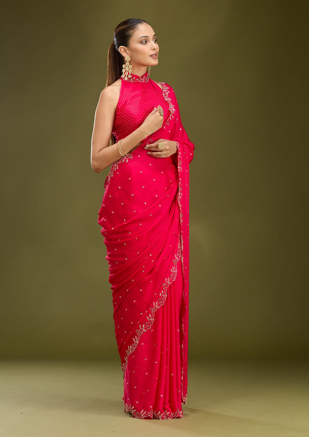 Rani Pink Stonework (Gold) Satin Saree