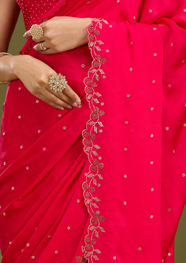 Rani Pink Stonework (Gold) Satin Saree