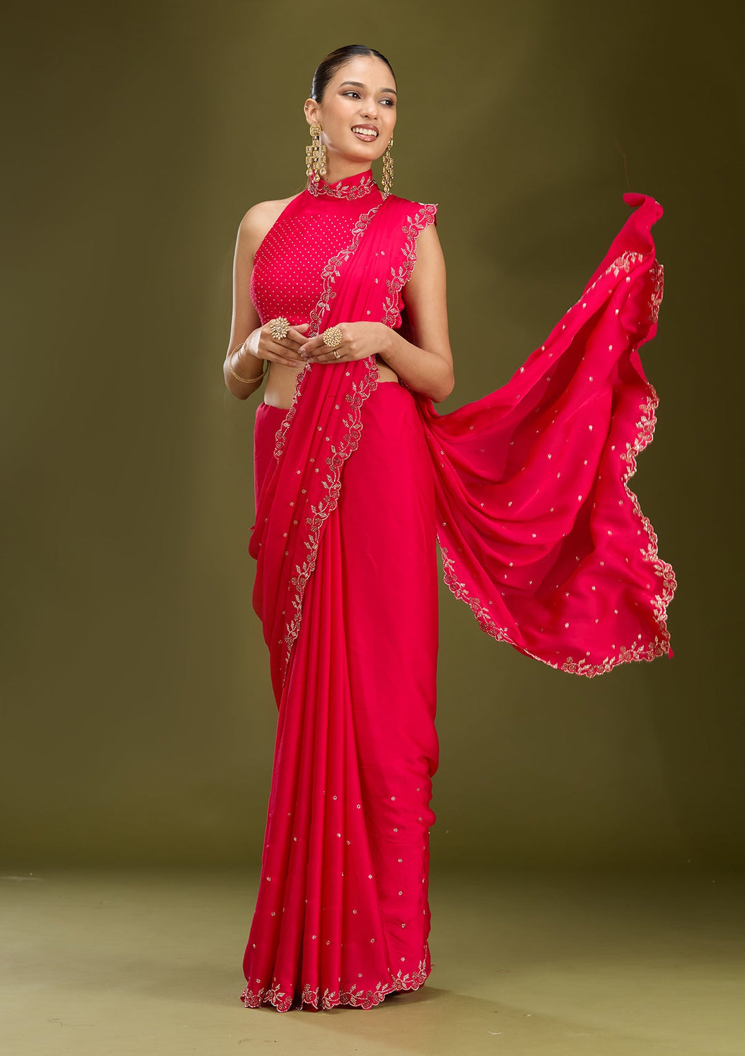 Rani Pink Stonework (Gold) Satin Saree