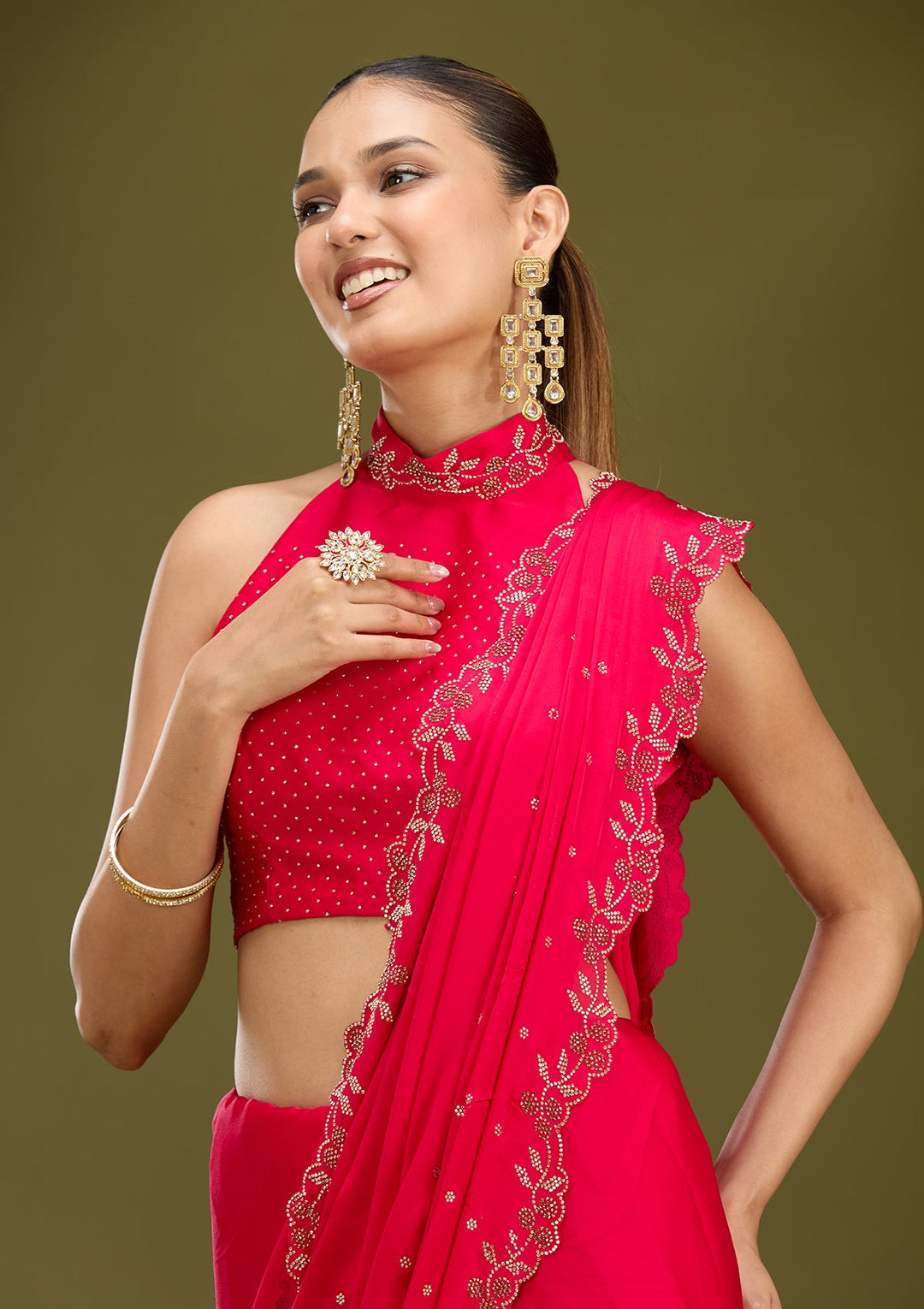 Rani Pink Stonework (Gold) Satin Saree