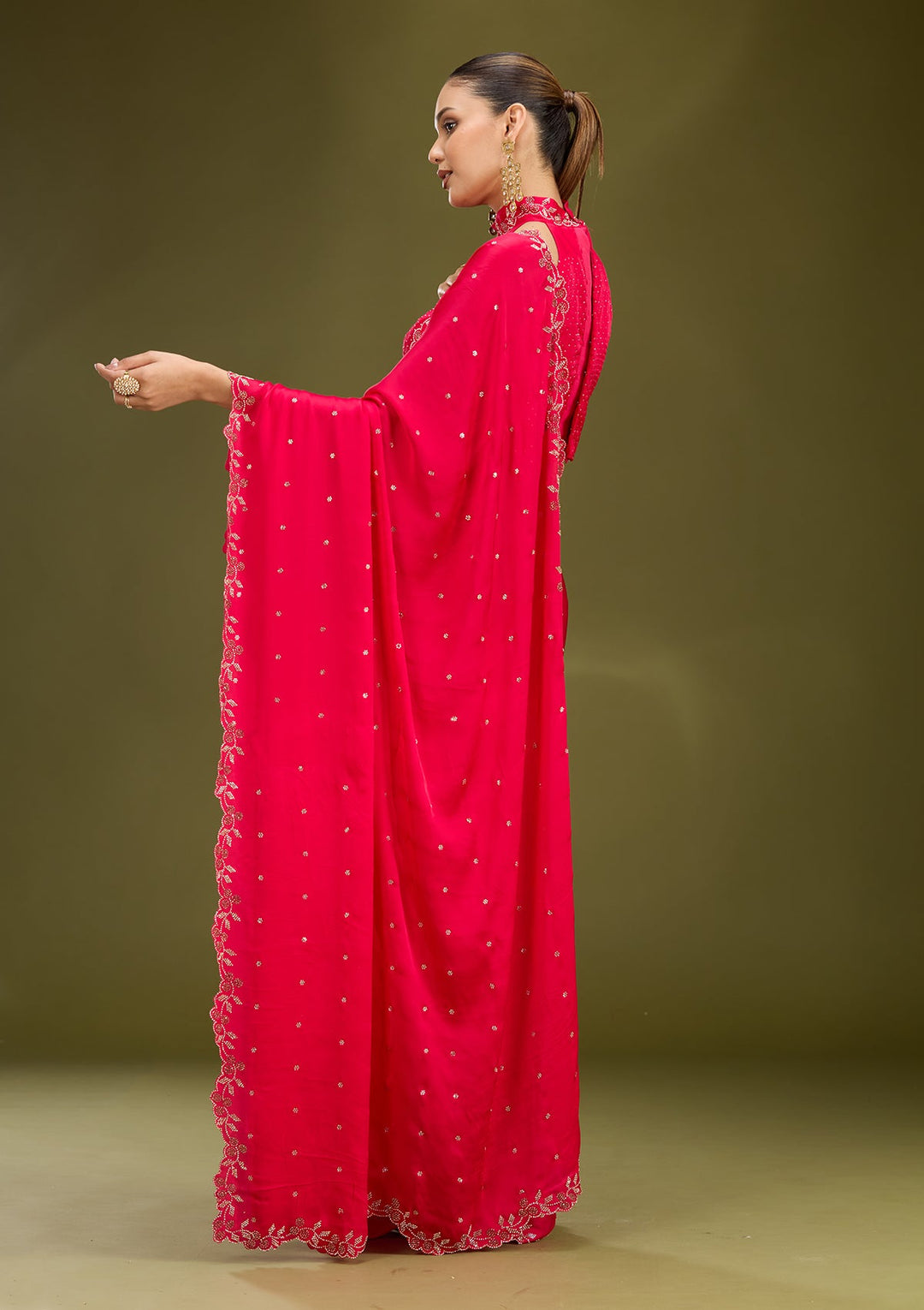 Rani Pink Stonework (Gold) Satin Saree
