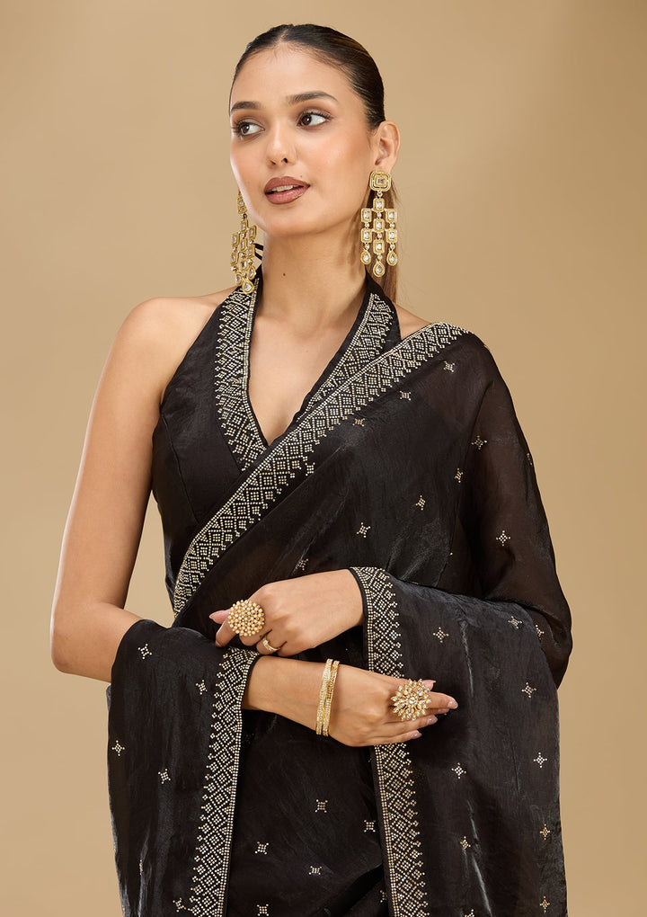 Black Stonework (Gold) Satin Saree
