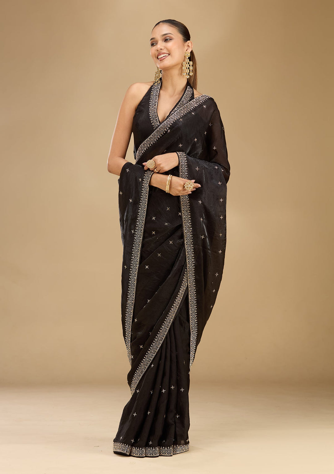 Black Stonework (Gold) Satin Saree