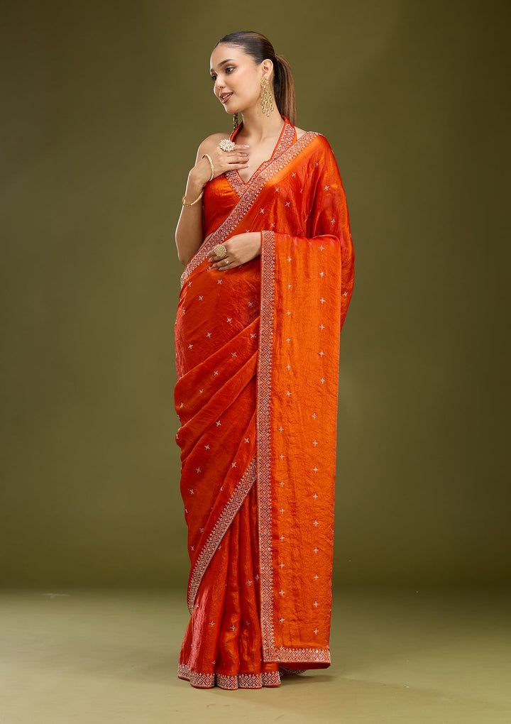 Orange Stonework (Gold) Satin Saree