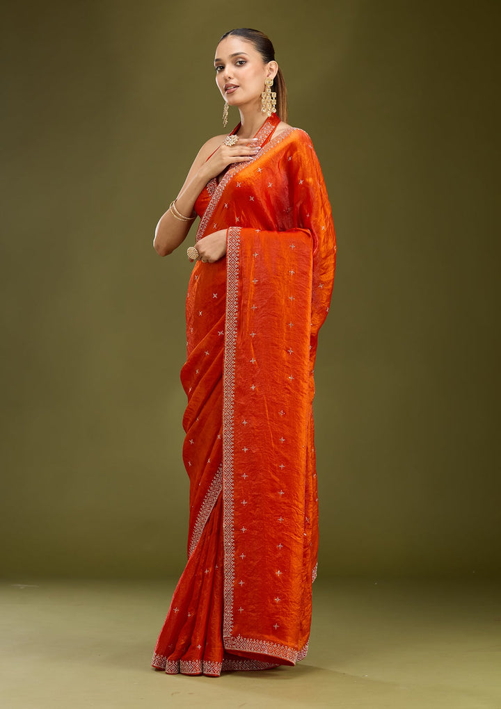 Orange Stonework (Gold) Satin Saree