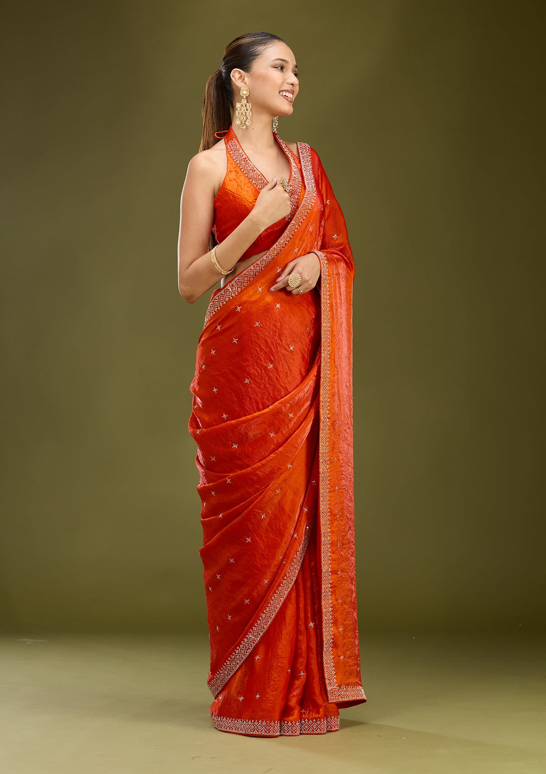 Orange Stonework (Gold) Satin Saree