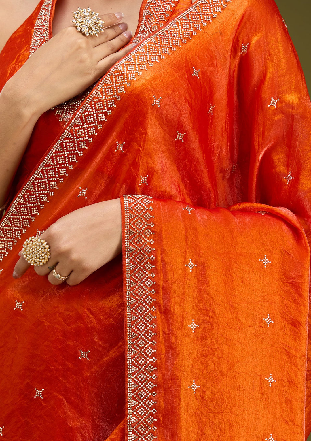 Orange Stonework (Gold) Satin Saree