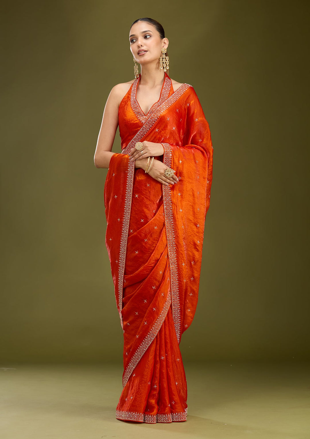 Orange Stonework (Gold) Satin Saree