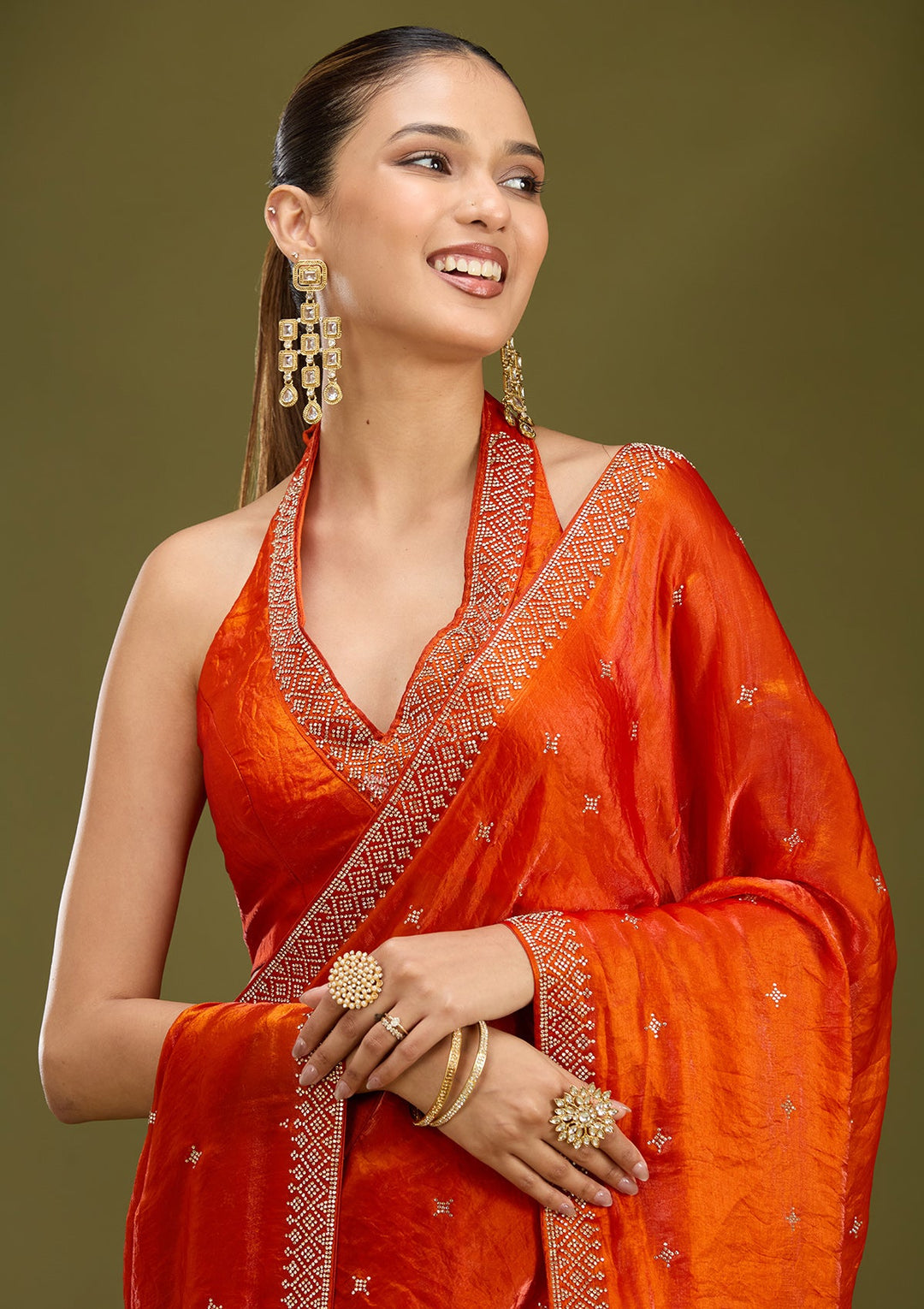 Orange Stonework (Gold) Satin Saree